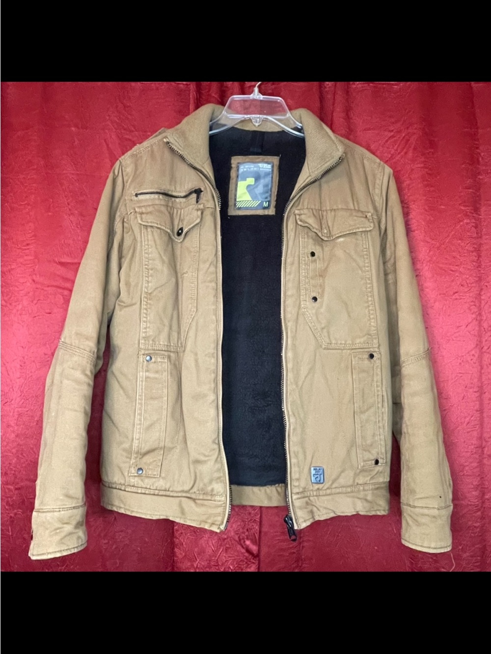 Tan Denim Utility Jacket with Sherpa Lining Relay Denim Mens Size M